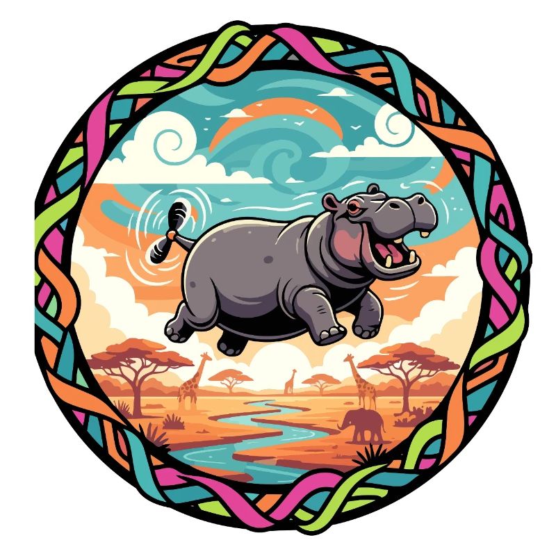 Witziger Hippo fliegendes Nilpferd bunt Savanne 