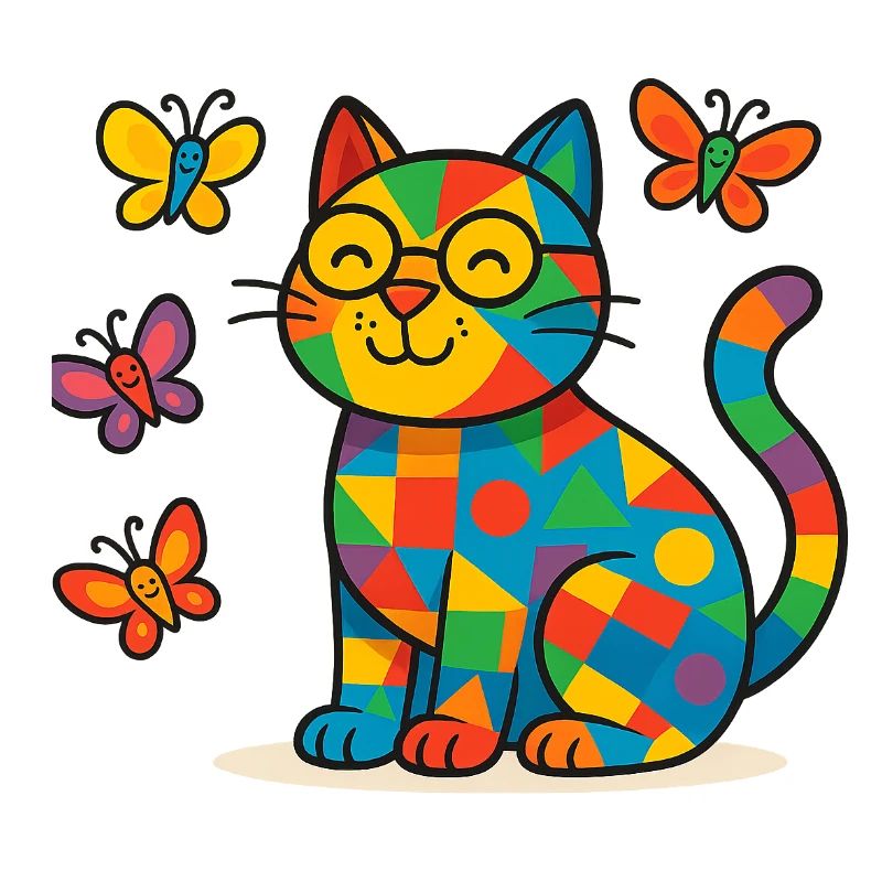 Patchwork-Katze und Schmetterlinge