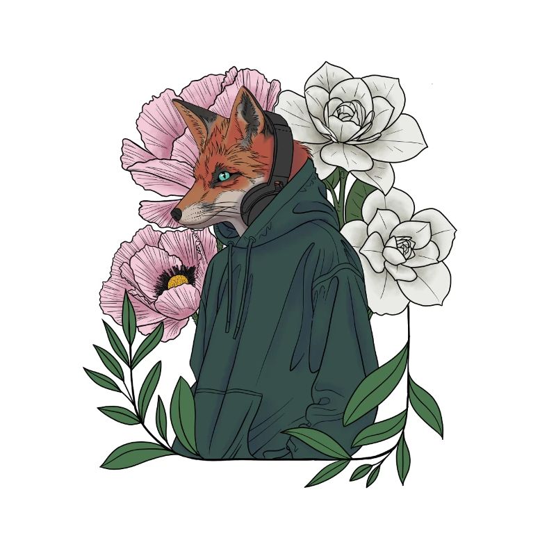 Renard avec des fleurs et un sweat à capuche