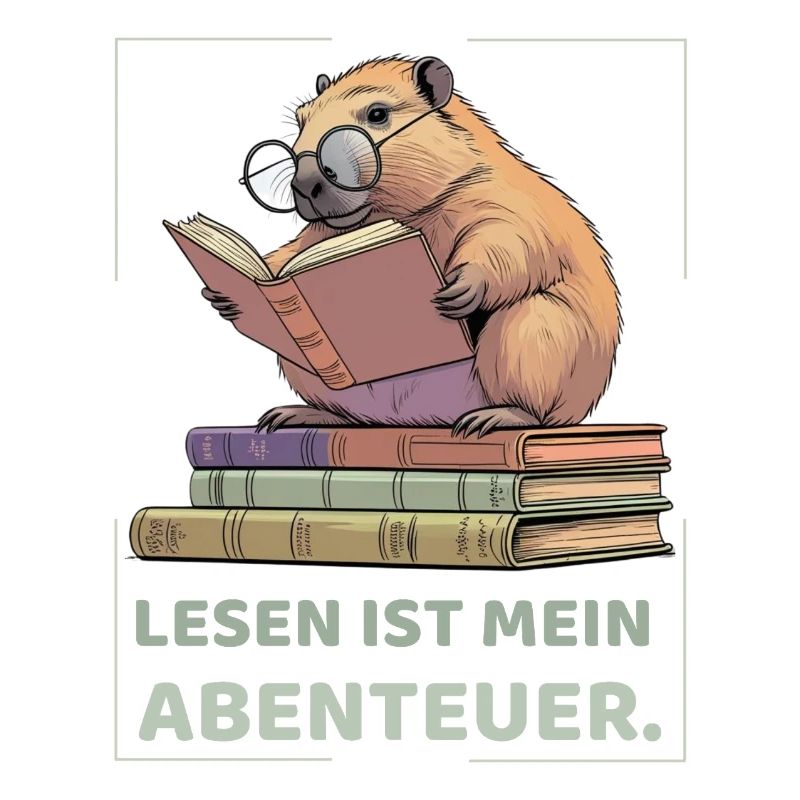 Capybara reading between stacks of books