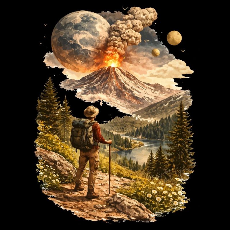 Des randonneurs devant un volcan en éruption et un monde étrange