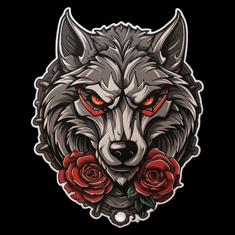 Gothic Wolf Roses Illustration - Mystical Wildlife