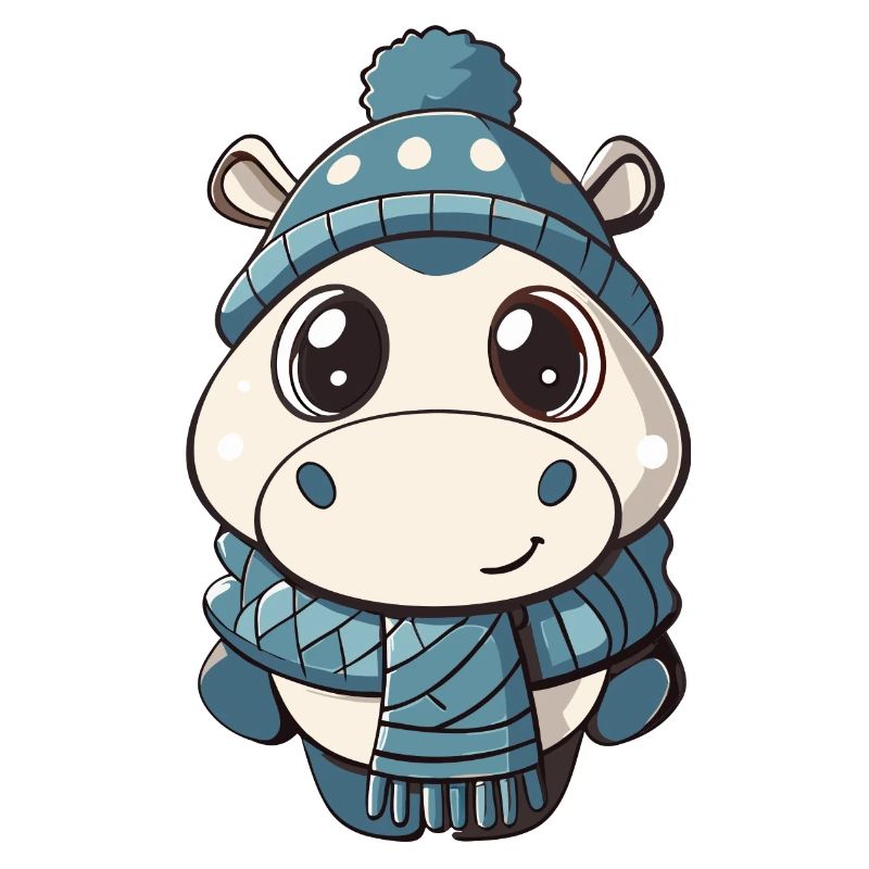 Hippopotame mignon avec écharpe et chapeau à pompon.