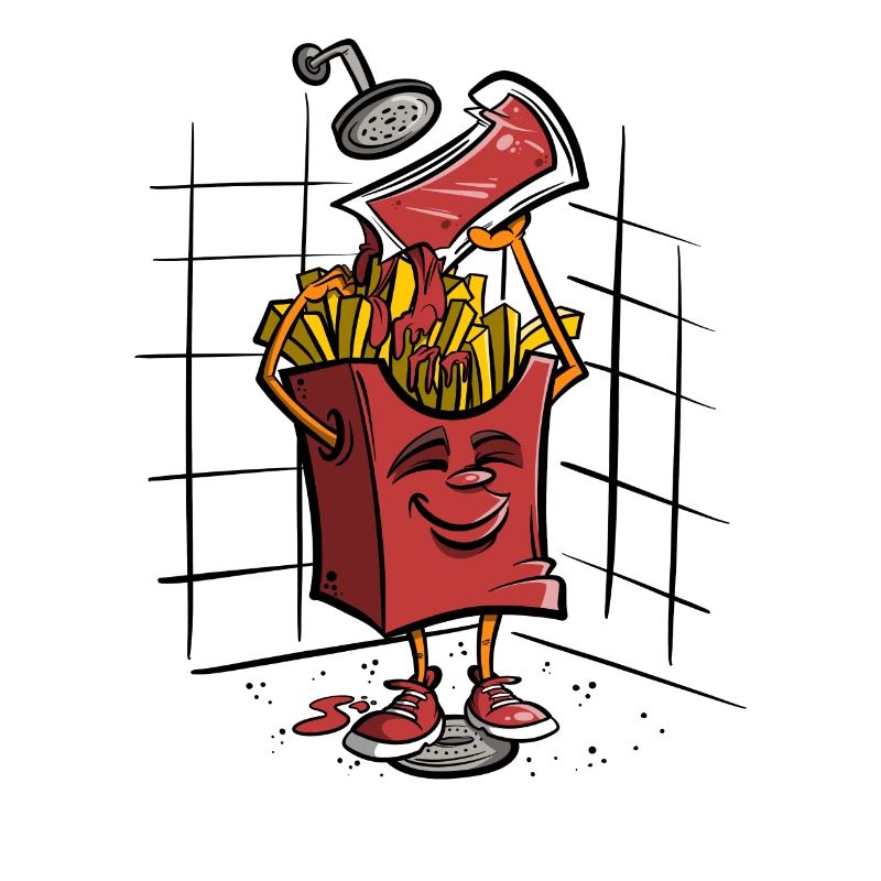 Pommes mit Ketchup unter der Dusche