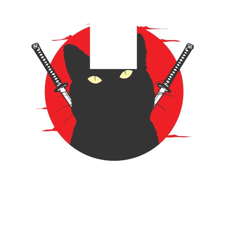 Schwarze Samurai Katze mit Schwerterpaar