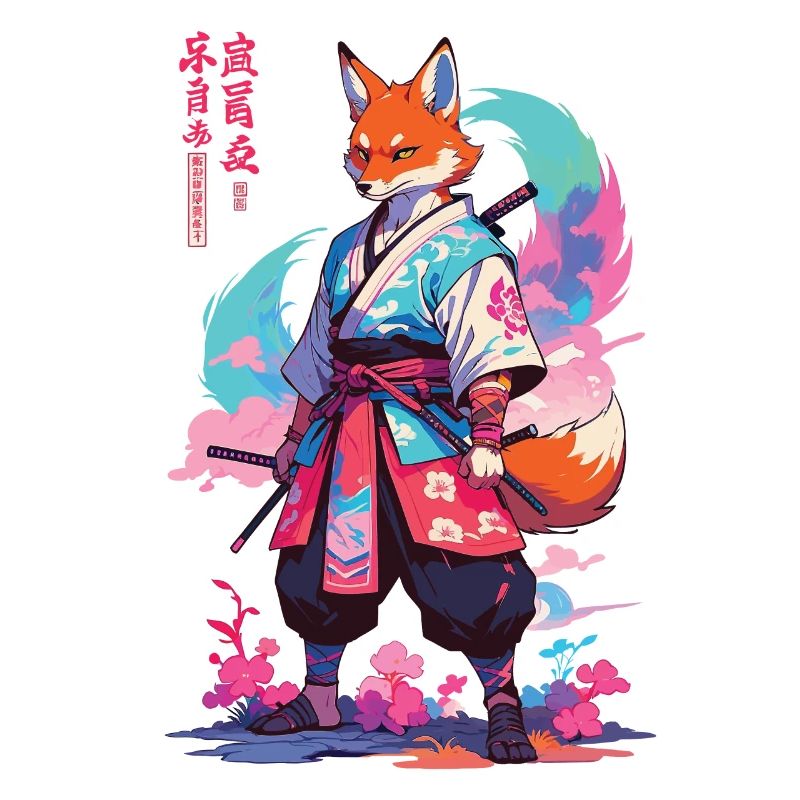 Kitsune Samurai Fox Aesthetic Vaporwave Style