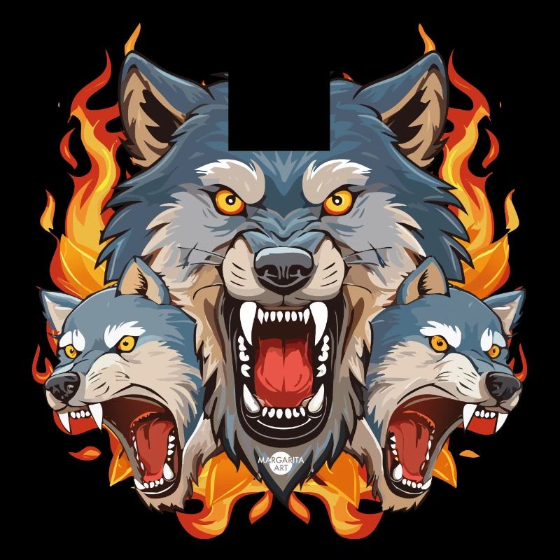 01 Bad Wolf Pack Wolves Head Fire Flames