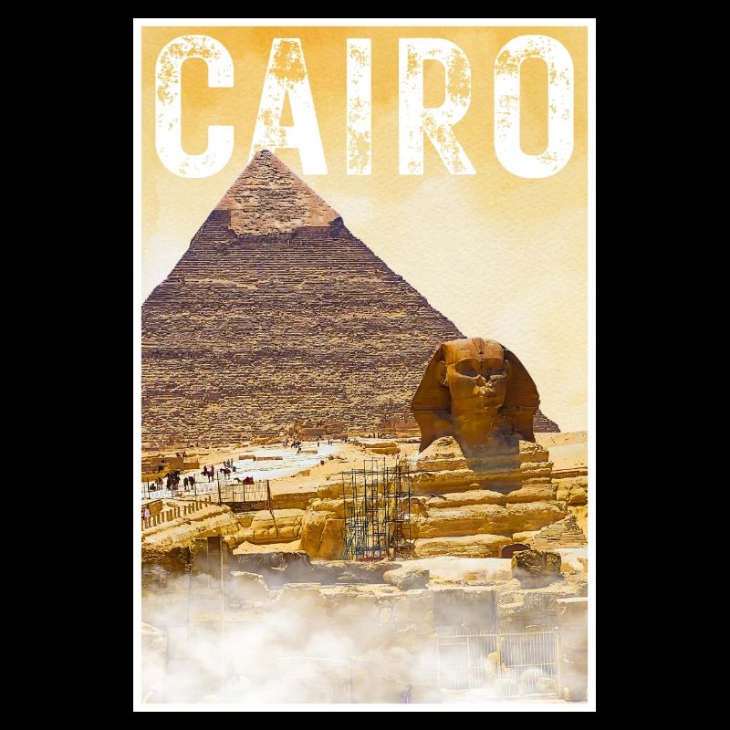 Affiche de voyage vintage du Caire avec pyramide et sphinx
