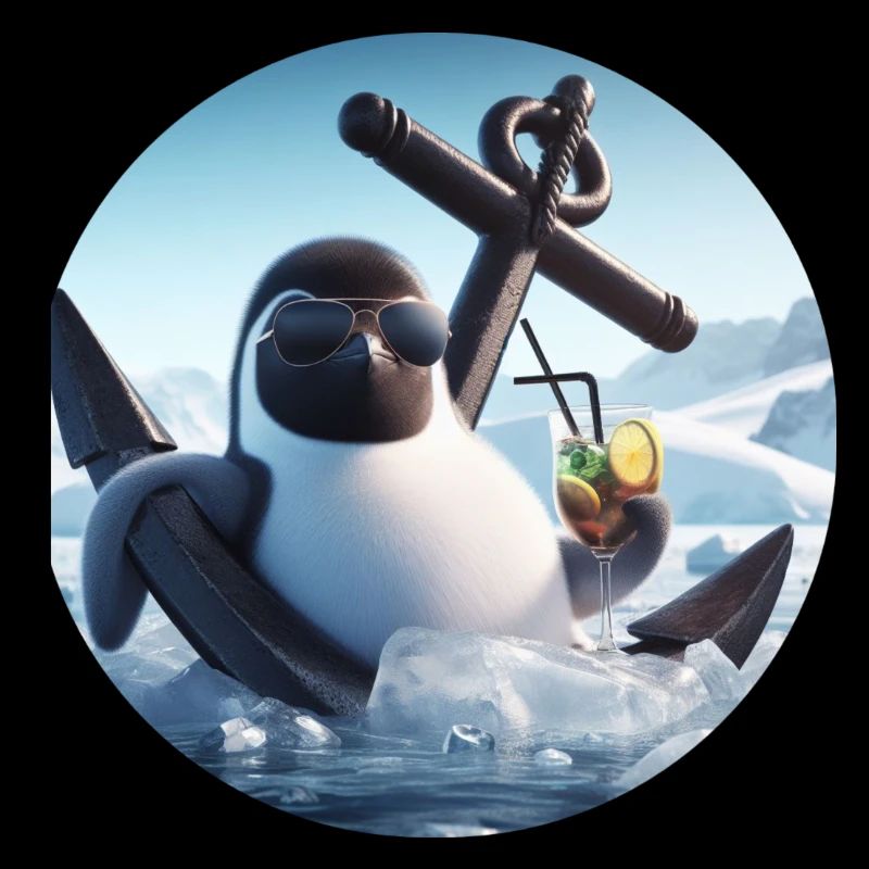 Comic penguin leaning in anchor with cocktail