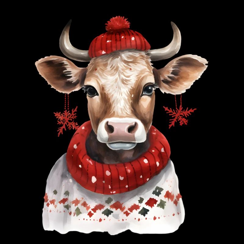 Vache d’hiver avec écharpe rouge et chapeau