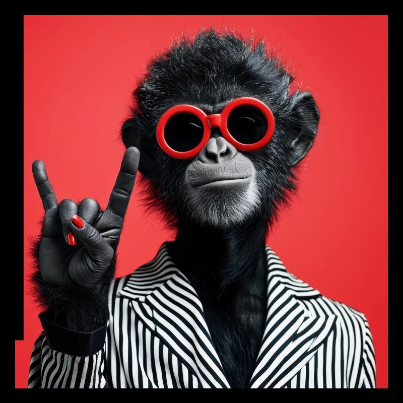 Affe mit roter Sonnenbrille macht Rock Geste
