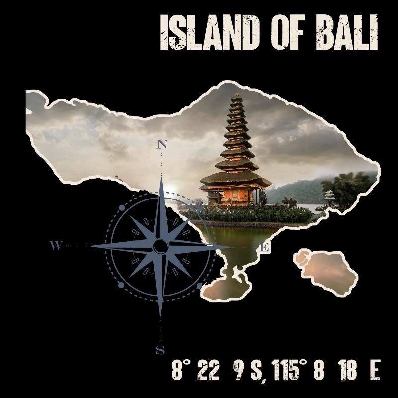 Bali island outline with temple and compass