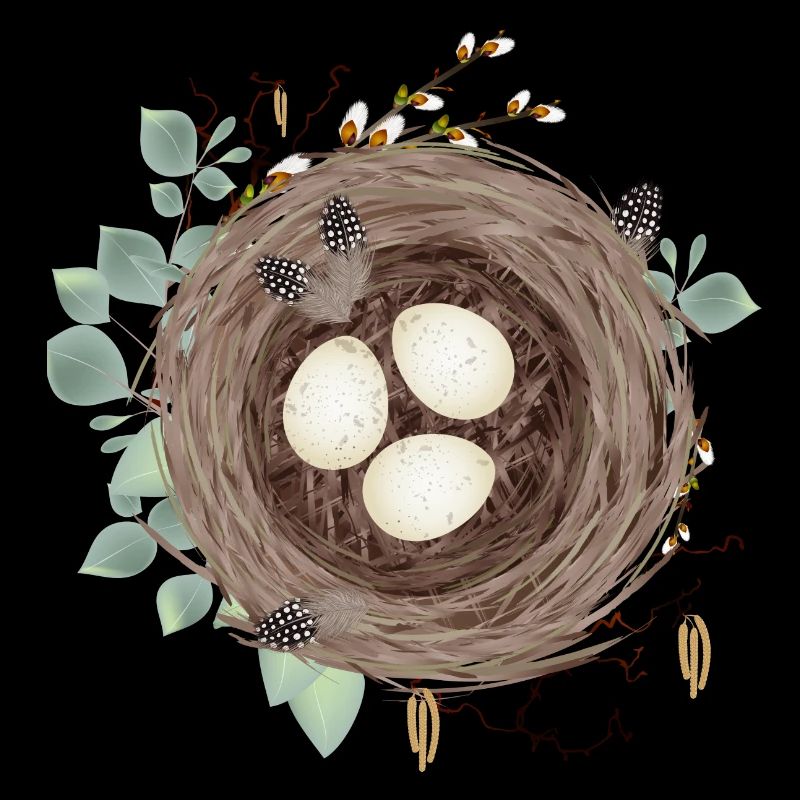 Bird's nest or Easter nest with three eggs and feathers