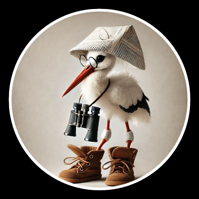 Storch mit Fernglas