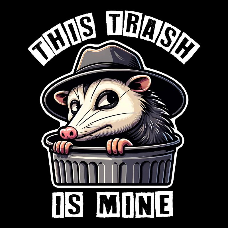 Trash possum with hat looking out of the garbage can