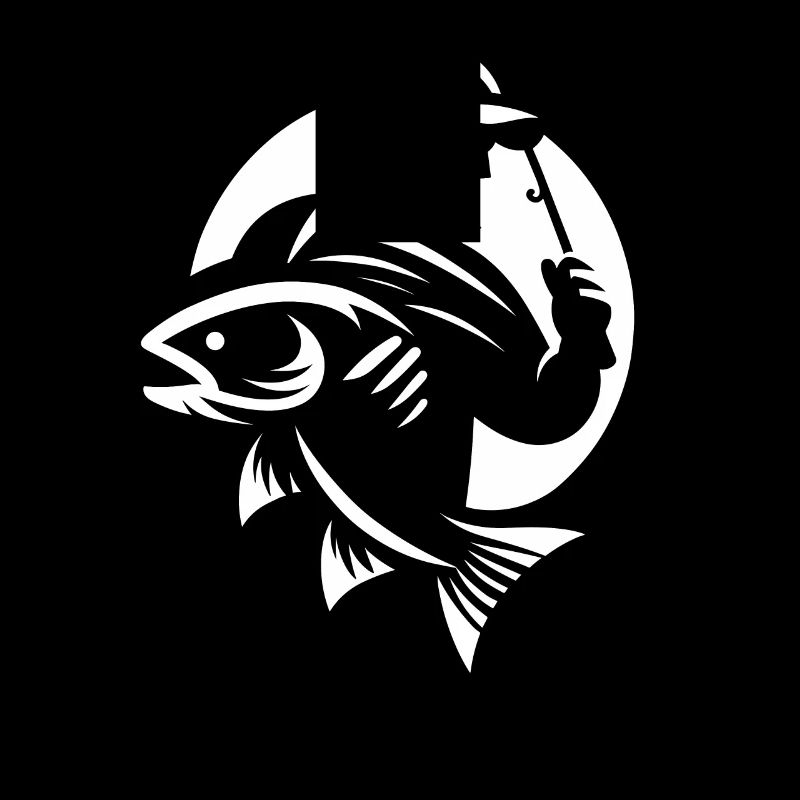 Pêcheur avec une canne à pêche à la main et un poisson devant lui