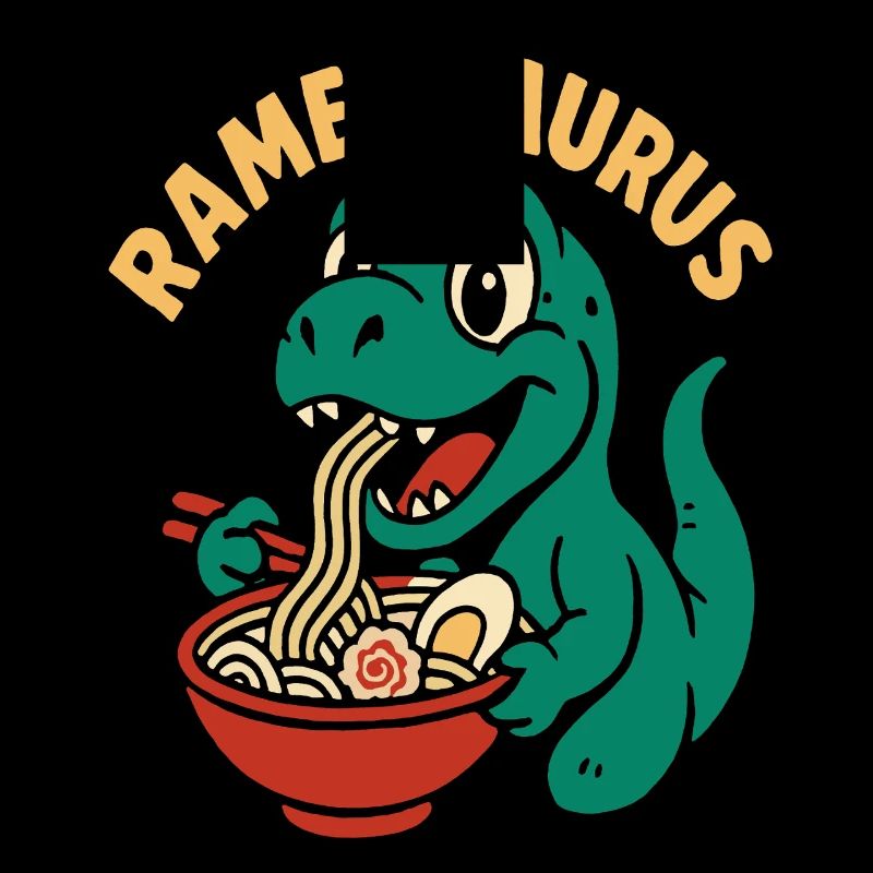 Drôle de dinosaure mangeant des nouilles ramen