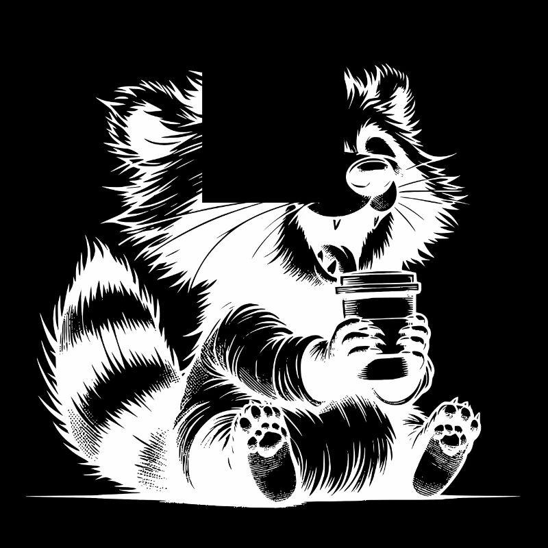 Happy raccoon with full coffee cup