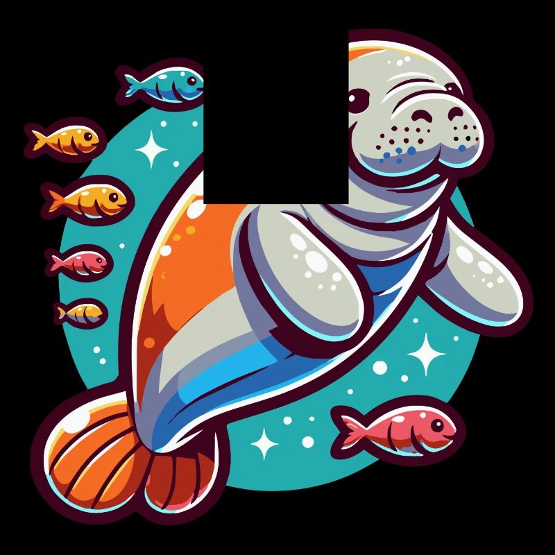 Manatee with lots of colorful fish