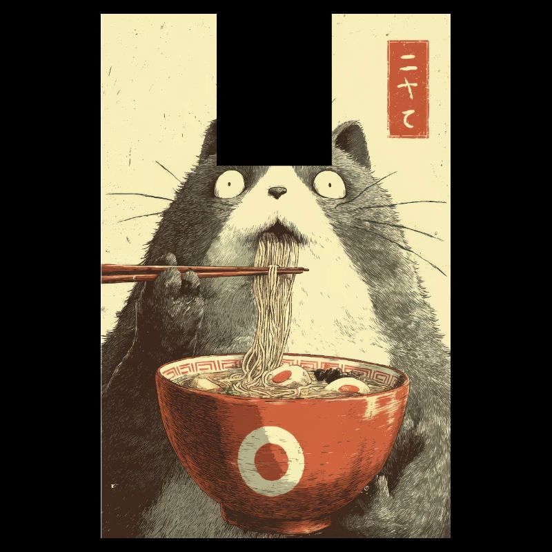 Schockierte Katze isst Ramen