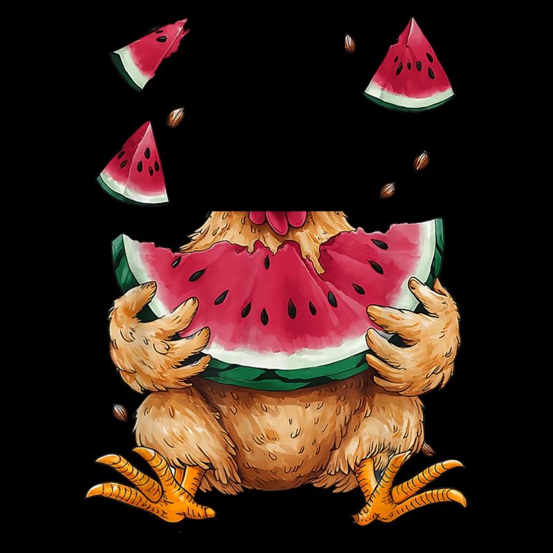 Poulet mignon mangeant des fruits de pastèque d’été