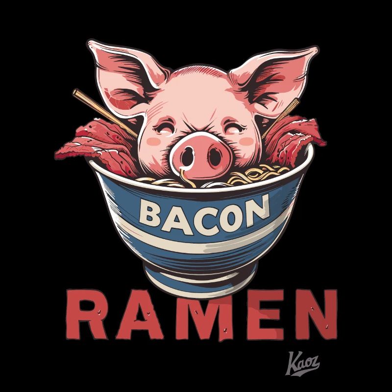 Funny pig's head in bowl with bacon ramen