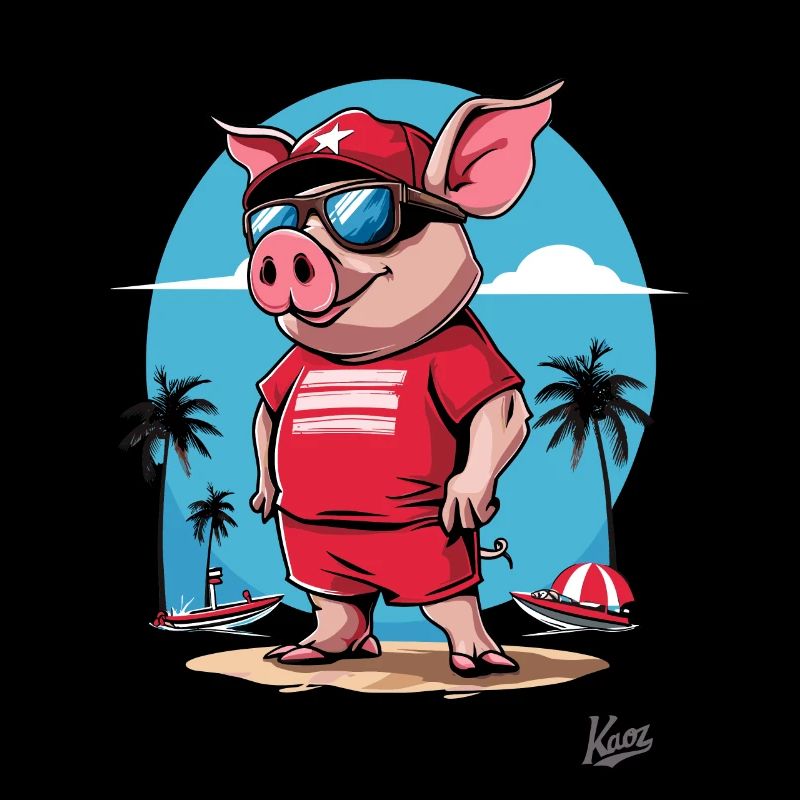 Plage, palmiers, bateaux et cochon part en vacances