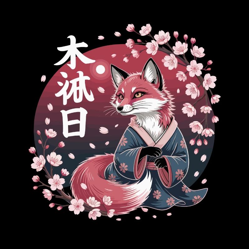 Kitsune in Kimono with Cherry Blossoms Hanami