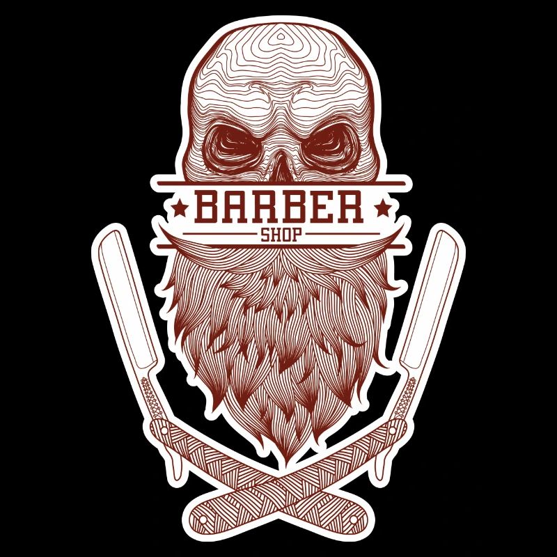 A skull with a beard, framed by razor blades.