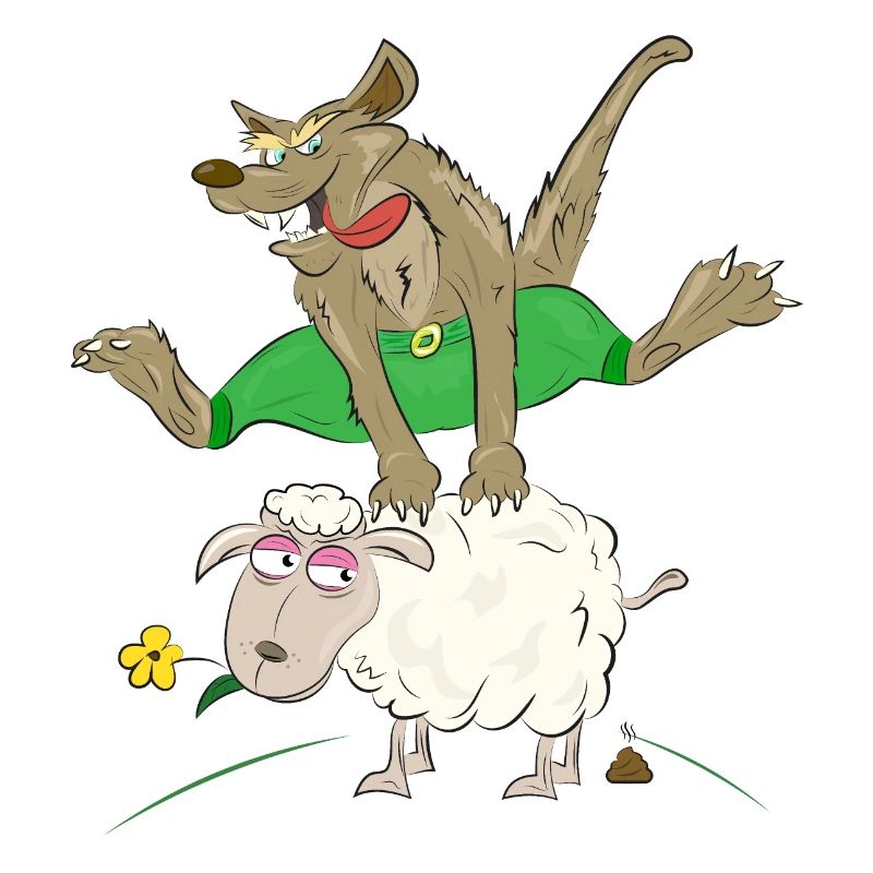 Wolf springt über das Schaf - Wolf mit Schaf