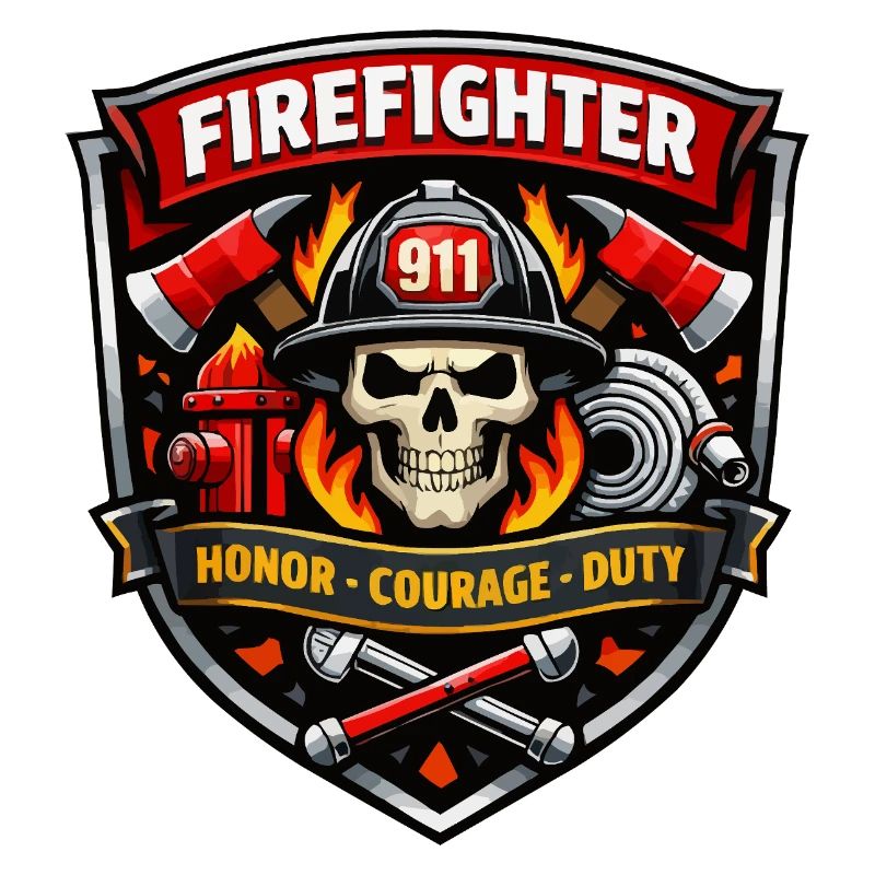 Firefighter Badge Skull Flames