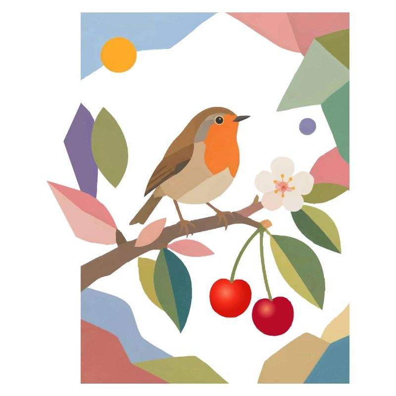 Rotkehlchen Vogel auf Ast Kirsch Design