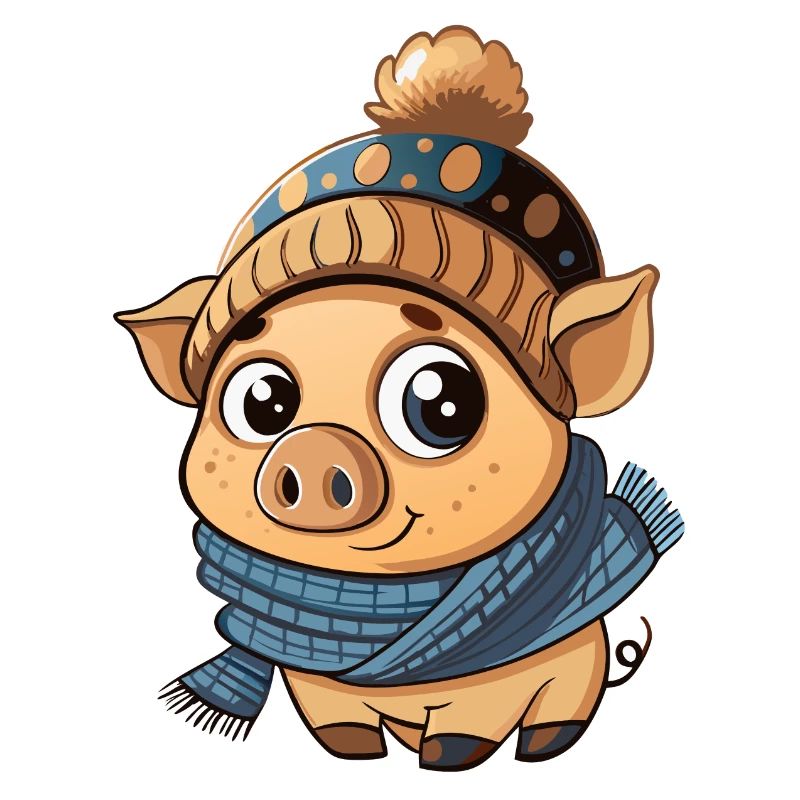 Mignon cochon avec écharpe et chapeau à pompon.