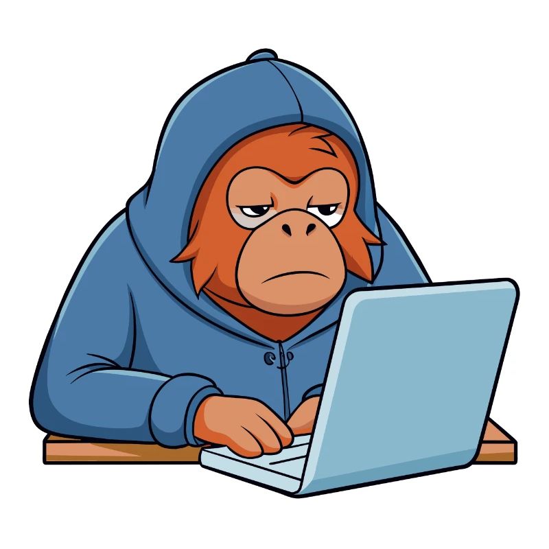 Mignon orang-outan hacker dans un sweat à capuche devant le PC