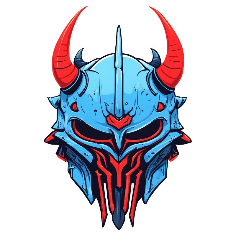Blauer Dämonenhelm mit roten Hörnern