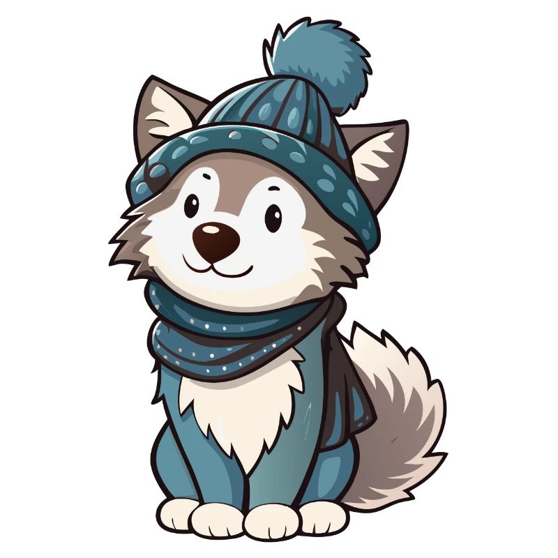 Loup mignon avec écharpe et chapeau à pompon.