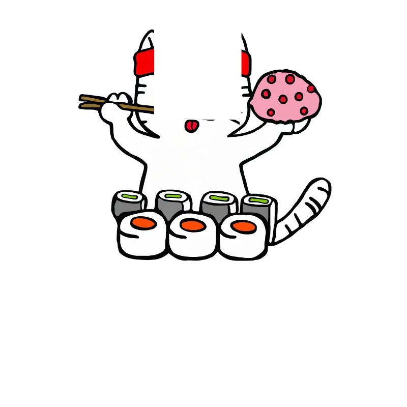Cat eats sushi with chopsticks
