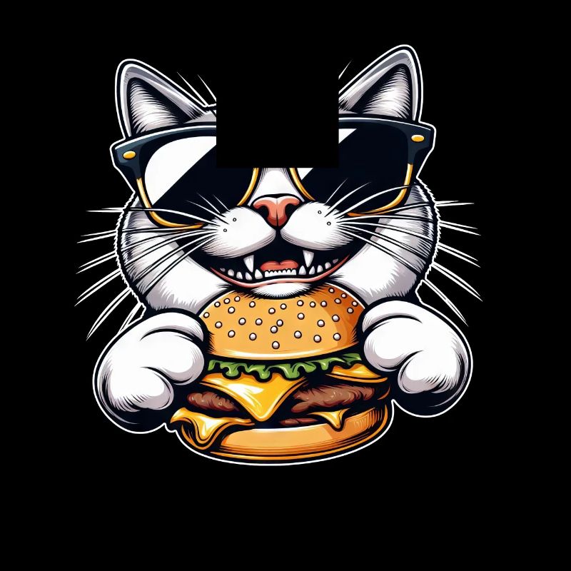 Coole Katze Nerd beim Hamburger Cheeseburger Essen