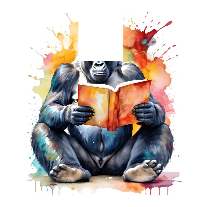 Gorilla Reading Book Monkey Coloré Animal Design Imprimer