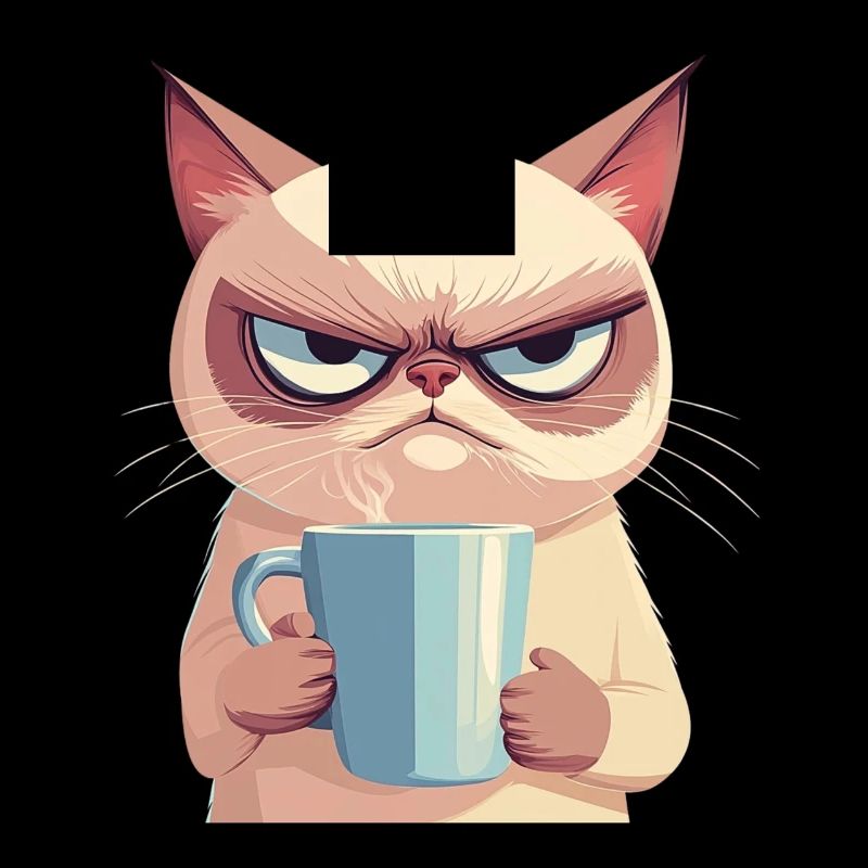 Grumpy-Stil: Grantige Katze mit Kaffee