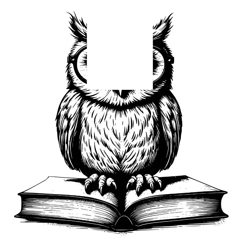 Kleine lustige Eule mit Brille sitzt auf Buch