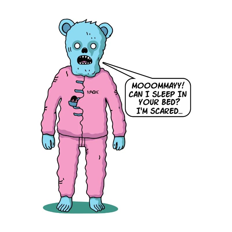 Cute zombie bear doesn't sleep, needs mom