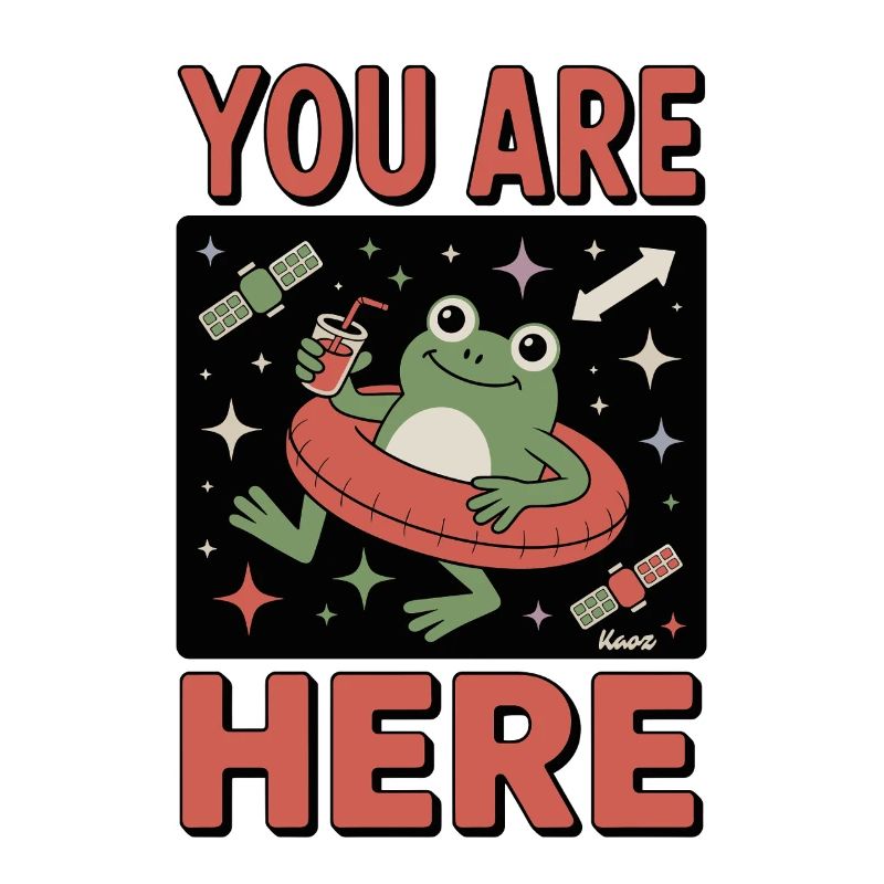 Frog in space with swimming ring and mug