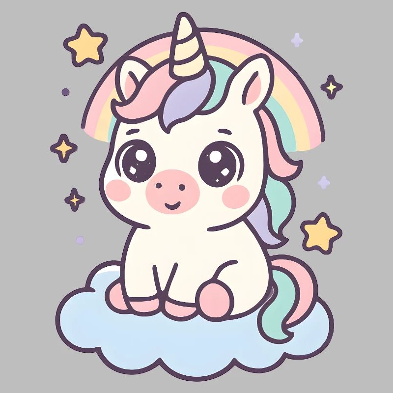 Kawaii Unicorn on Cloud with Rainbow Stars