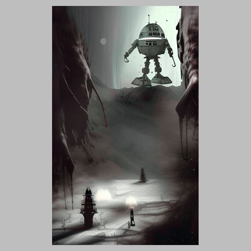 Creepy Comic robot spaceship Alien on a strange