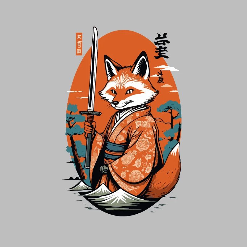 Kitsune Samurai Fox Vintage Ukiyo-e Style