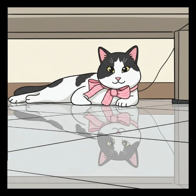 Cat with pink bow reflection