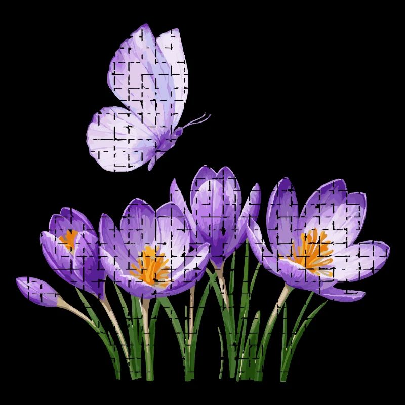 Crocus violets et papillon : conception en treillis