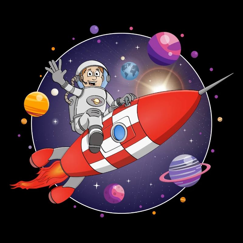 The astronaut and the red rocket in space