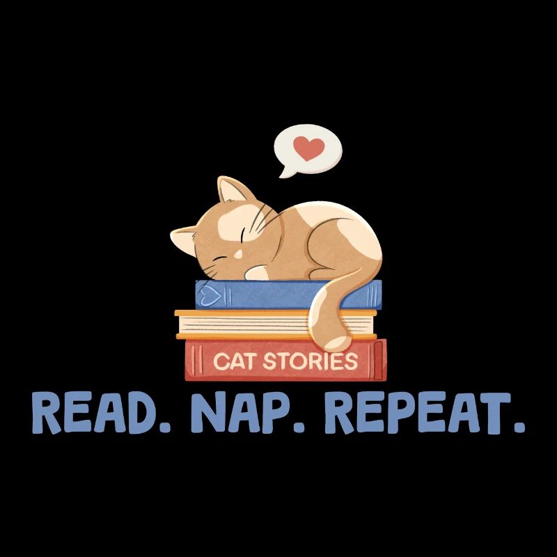 Katze auf Büchern mit Spruch Read. Nap. Repeat.